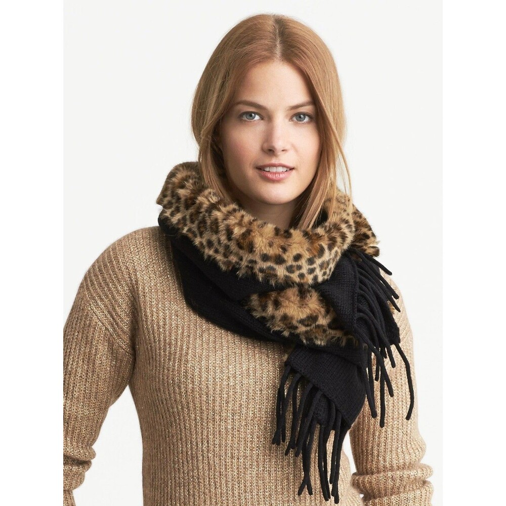 Banana Republic Black/Faux Fur Trimmed Fringe Knitted Large Wool Bld Scarf 80"